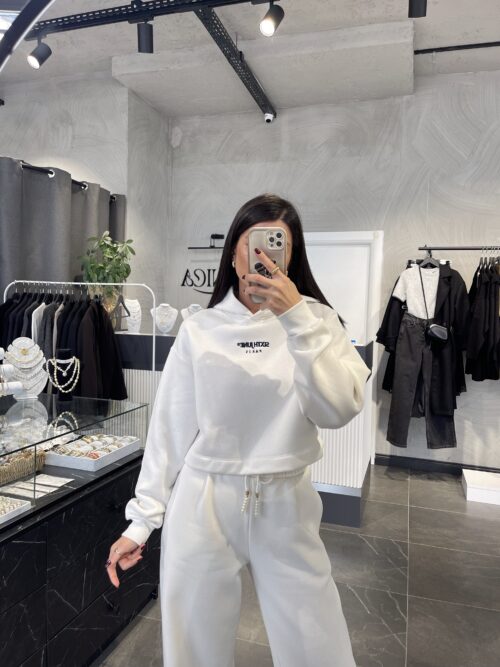 Ön Arka Nakış Detaylı Crop Kapüşonlu Sweatshirt - Görsel 2